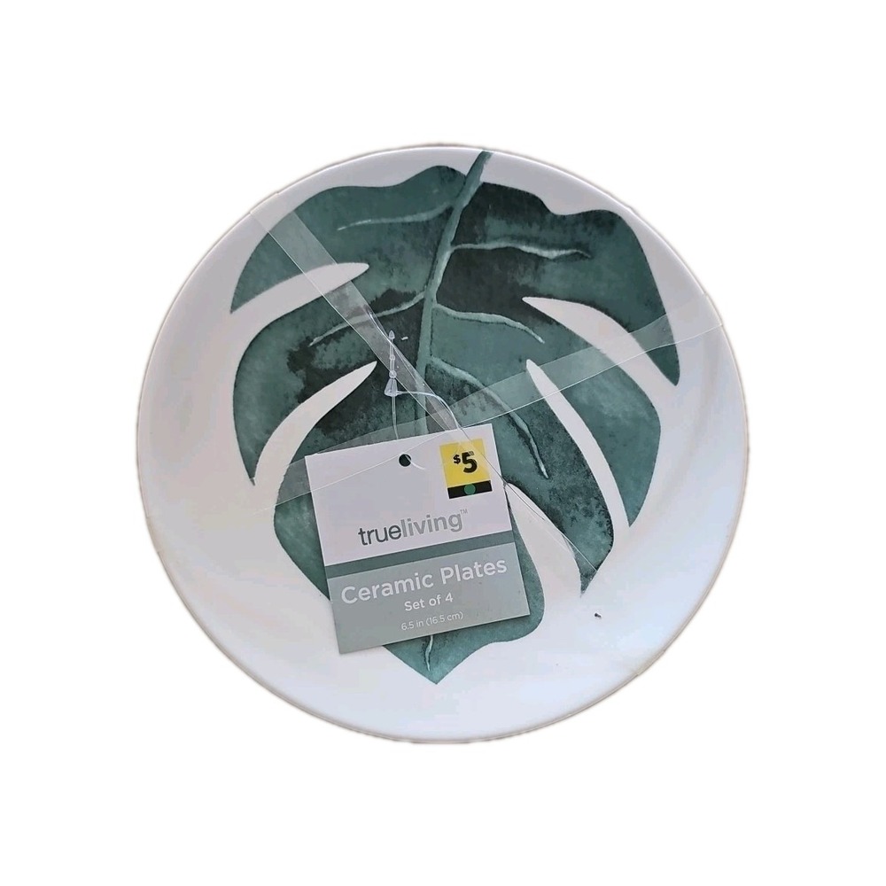 Trueliving Ceramic Plates Set of 4 White w Green Leaf 6.5 inch
